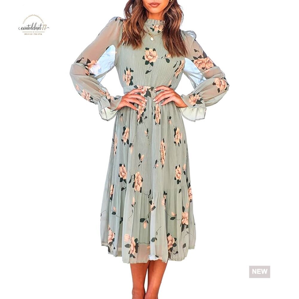 Floral Chiffon Midi Dress Long Sleeve Mock Neck A-Line Wedding Guest